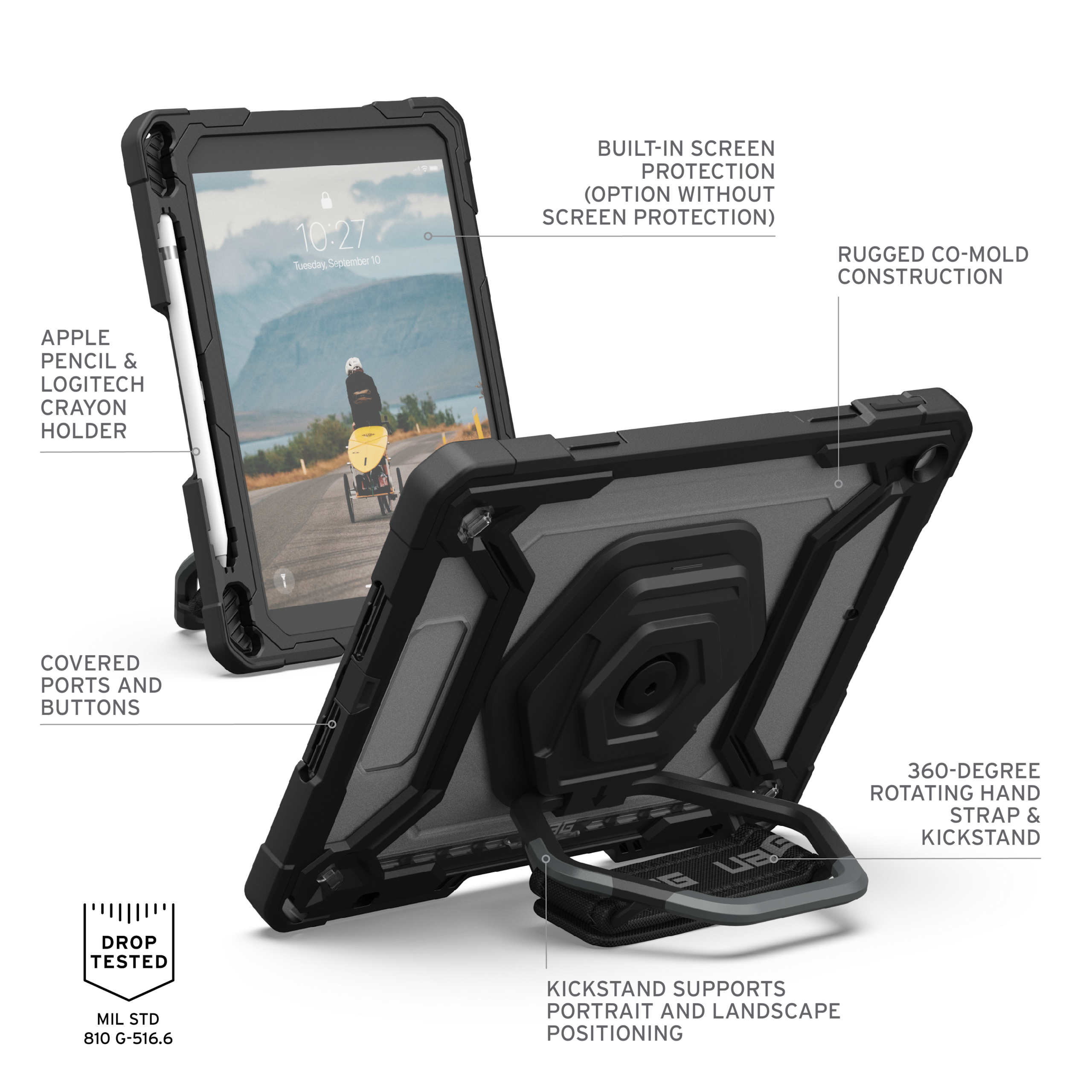 UAG Plasma Tough Case iPad 9 / 8 / 7 10.2 Screen Protector, Kickstand & Handstrap -  Ice / Black