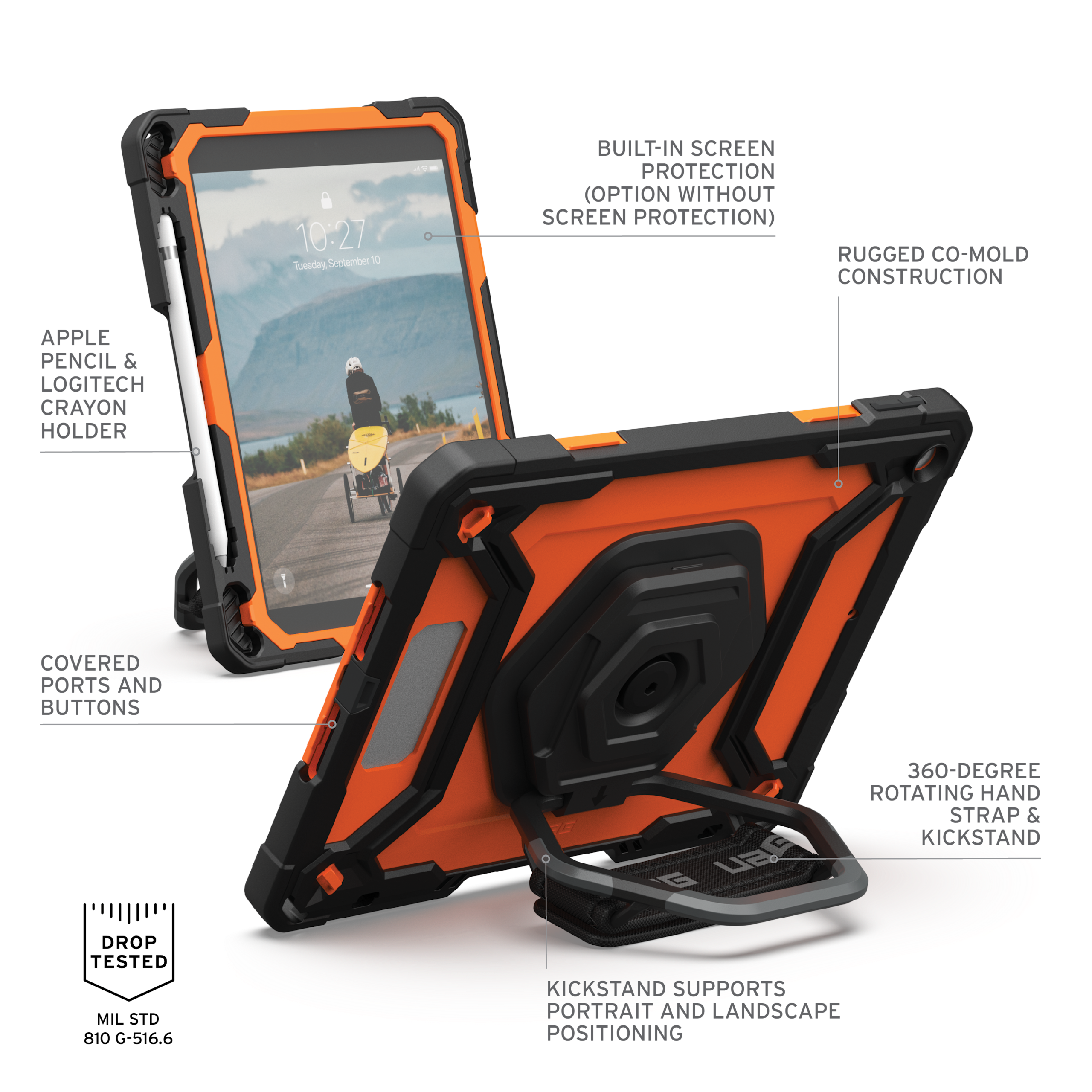 UAG Plasma Tough Case iPad 9 / 8 / 7 10.2 Kickstand & Handstrap - Orange / Black