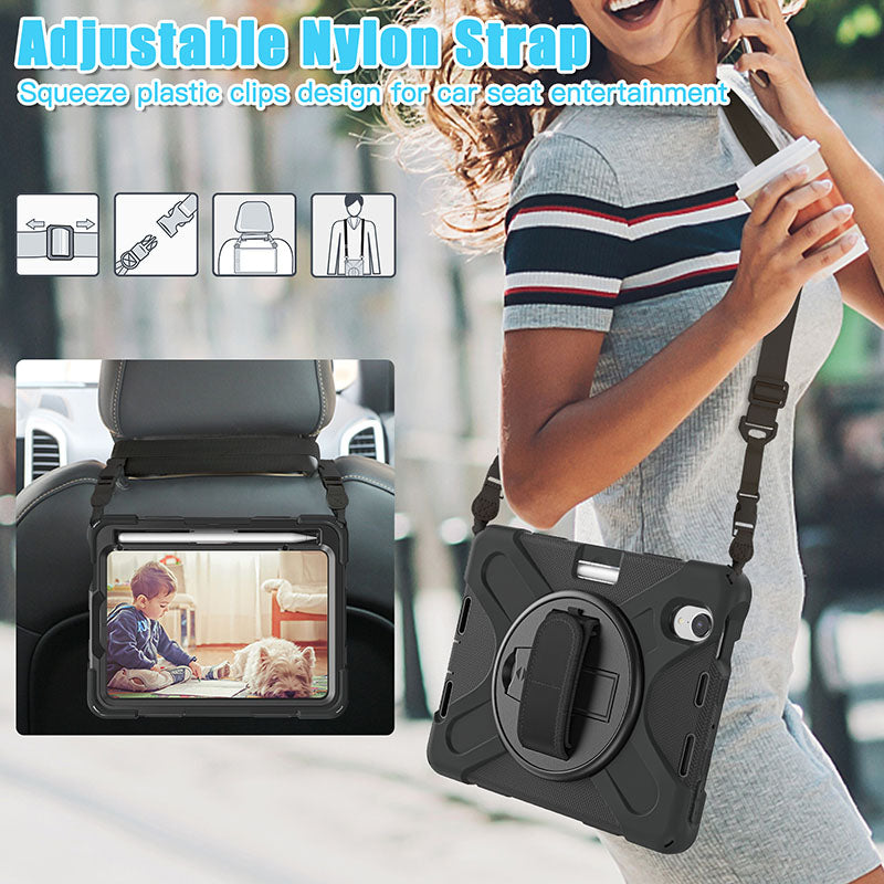 Rugged Protective Case Screen Guard, Hand & Shoulder Strap iPad Mini 6 - Black