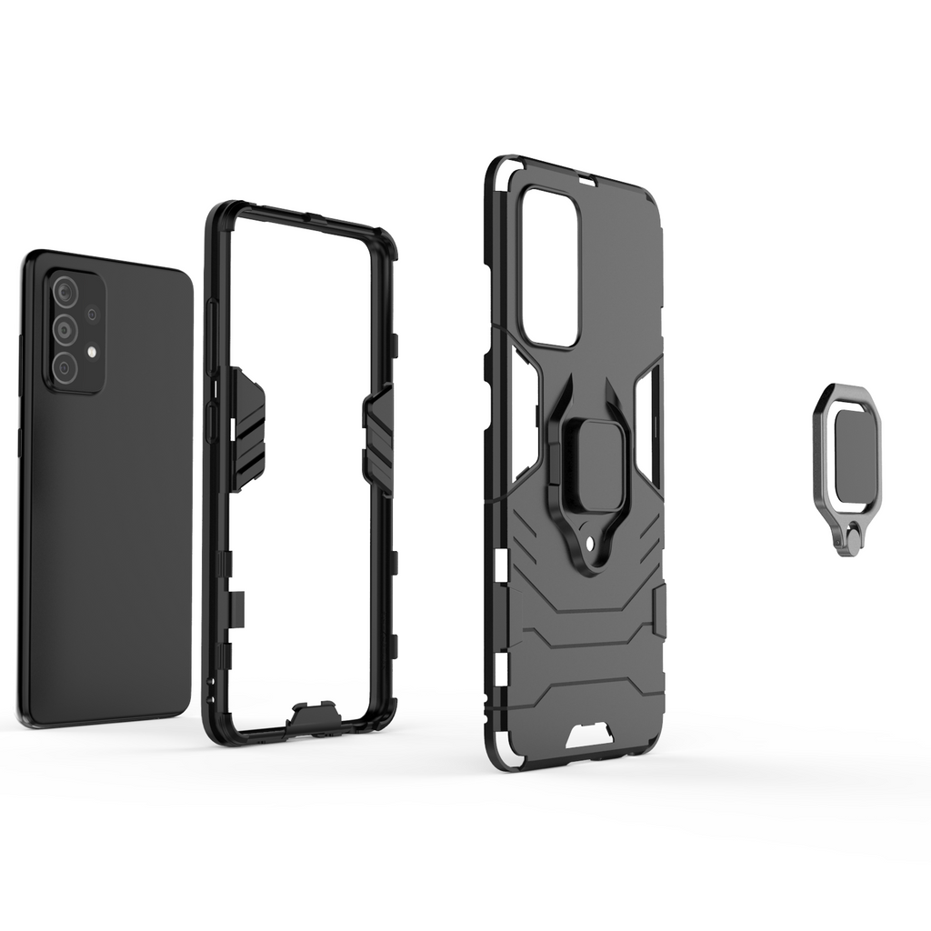 Rugged Armour Phone Case Samsung A52 4G & 5G Built in Ring Holder - Black