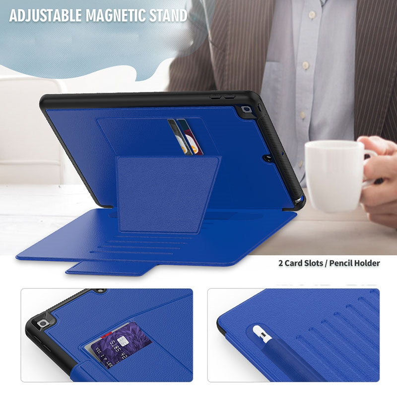 Folio Rugged Synthetic Leather Case iPad 9th & 8th & 7th Mag Latch & Kickstand - Blue
