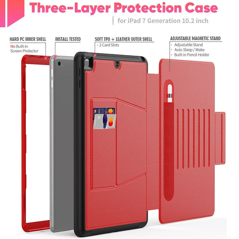 Folio Rugged Synthetic Leather Case iPad 9th & 8th & 7th Mag Latch & Kickstand - Red