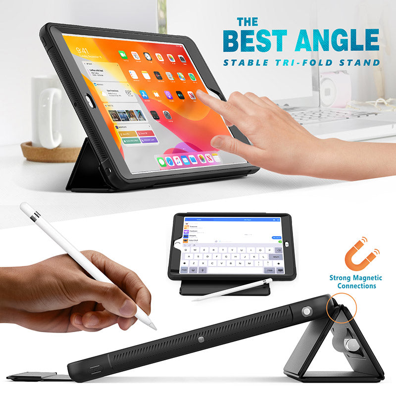 Rugged Trifold Folio Case iPad 9th & 8th & 7th 10.2 inch Clear Back - Black