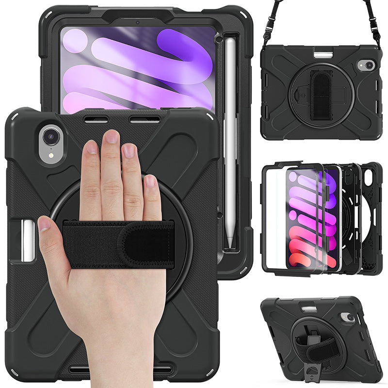 Rugged Protective Case Screen Guard, Hand & Shoulder Strap iPad Mini 6 - Black