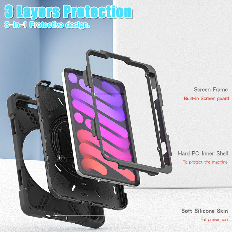 Rugged Protective Case Screen Guard, Hand & Shoulder Strap iPad Mini 6 / 7 - Black