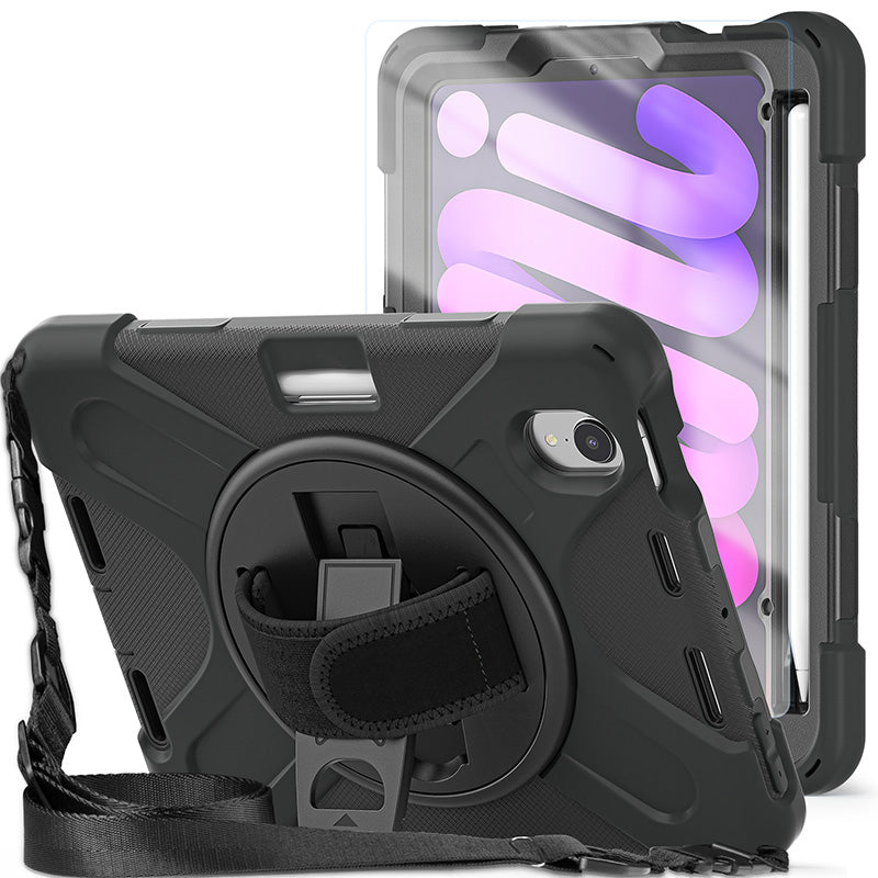 Rugged Protective Case Screen Guard, Hand & Shoulder Strap iPad Mini 6 / 7 - Black