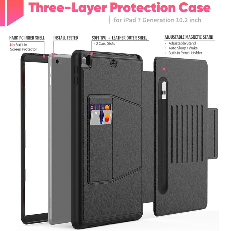 Folio Rugged Synthetic Leather Case iPad 9th & 8th & 7th Mag Latch & Kickstand - Black