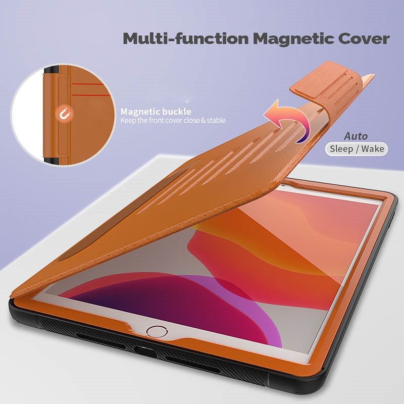 Folio Rugged Synthetic Leather Case iPad 9th & 8th & 7th Mag Latch & Kickstand - Brown