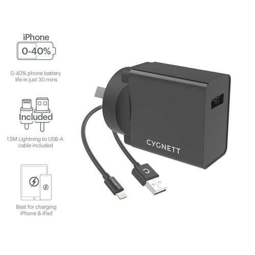 Cygnett 12W Wall Charger & Lightning to USB-A Cable 1