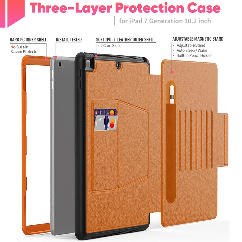 Folio Rugged Synthetic Leather Case iPad 9th & 8th & 7th Mag Latch & Kickstand - Brown