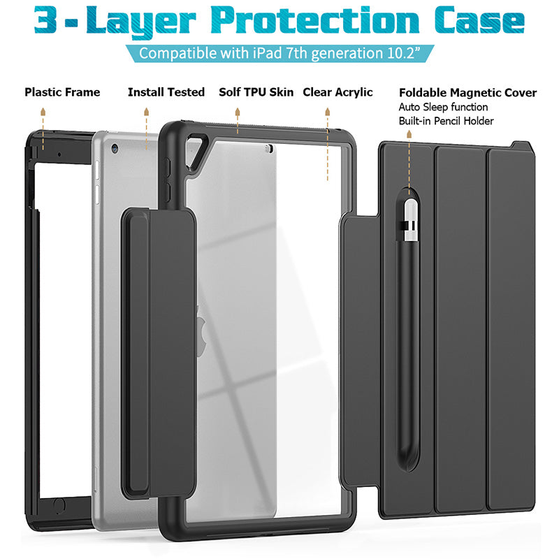 Rugged Trifold Folio Case iPad 9th & 8th & 7th 10.2 inch Clear Back - Black