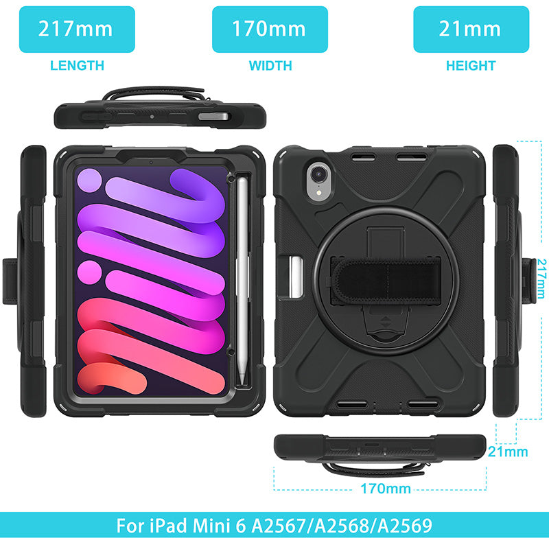 Rugged Protective Case Screen Guard, Hand & Shoulder Strap iPad Mini 6 / 7 - Black