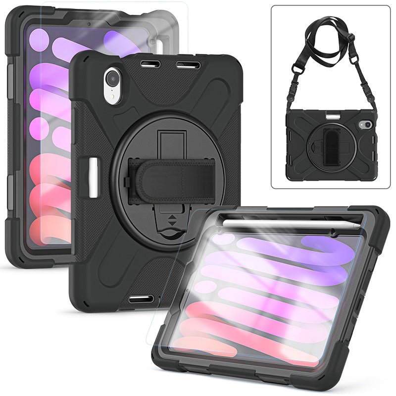 Rugged Protective Case Screen Guard, Hand & Shoulder Strap iPad Mini 6 / 7 - Black