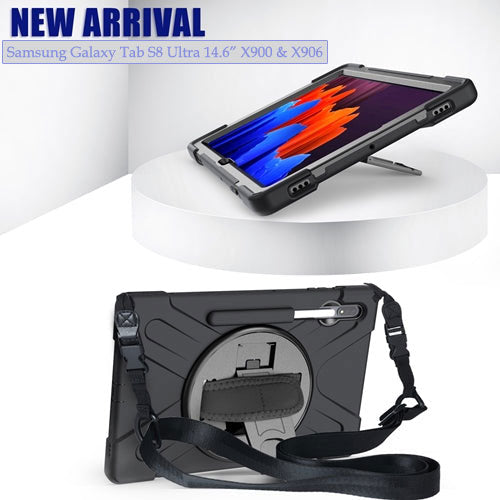 Rugged Case Hand & Shoulder Strap Samsung Tab S8 Ultra 14.6 inch X900 - Black