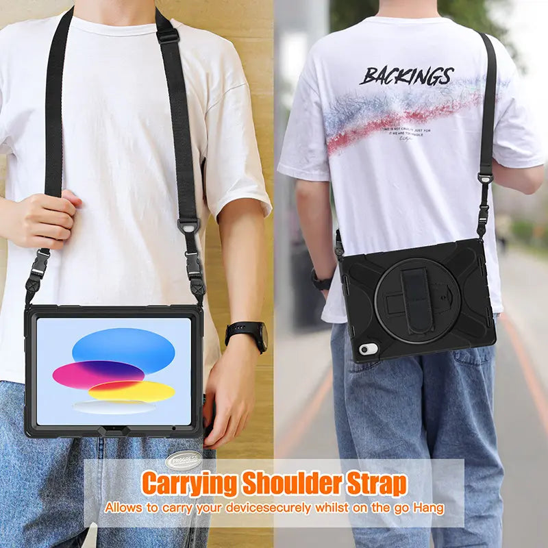 Rugged Protective Case Hand & Shoulder Strap iPad 10th / 11th Gen 10.9 inch - Black