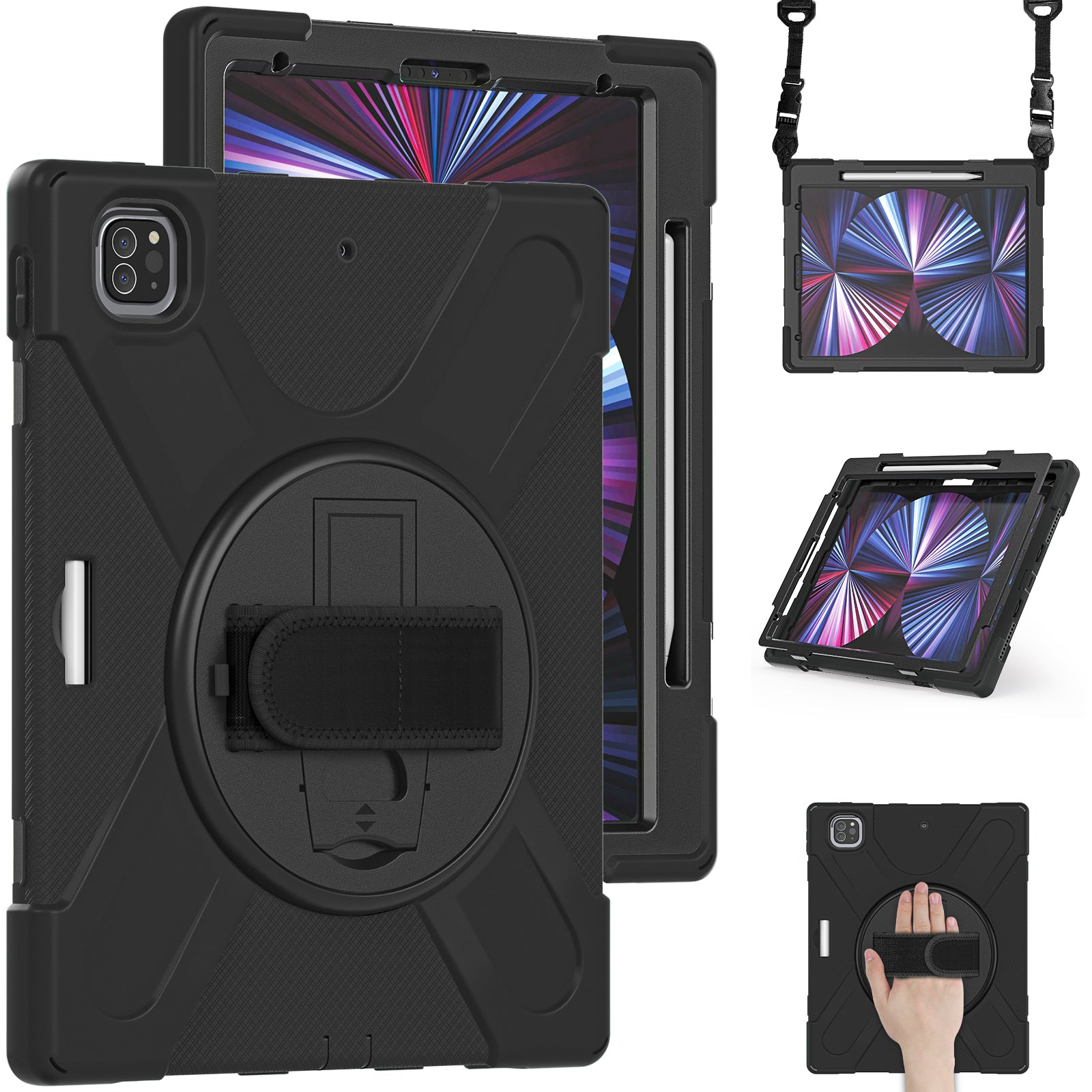 Rugged Case with Hand & Shoulder Strap iPad Pro 12.9 6th & 5th Gen 2021 - Black