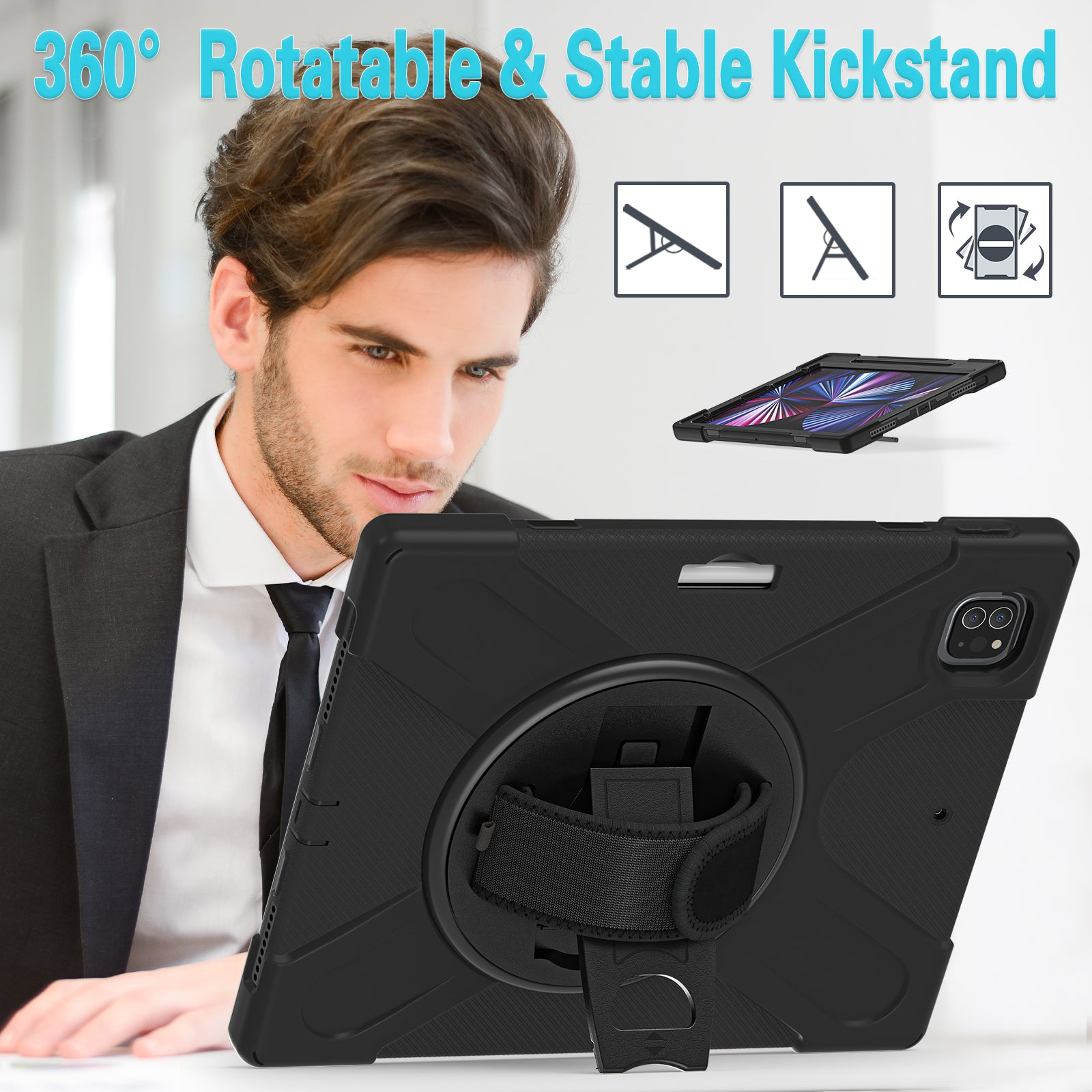 Rugged Case with Hand & Shoulder Strap iPad Pro 12.9 4th & 3rd Gen 2020 & 2018 - Black