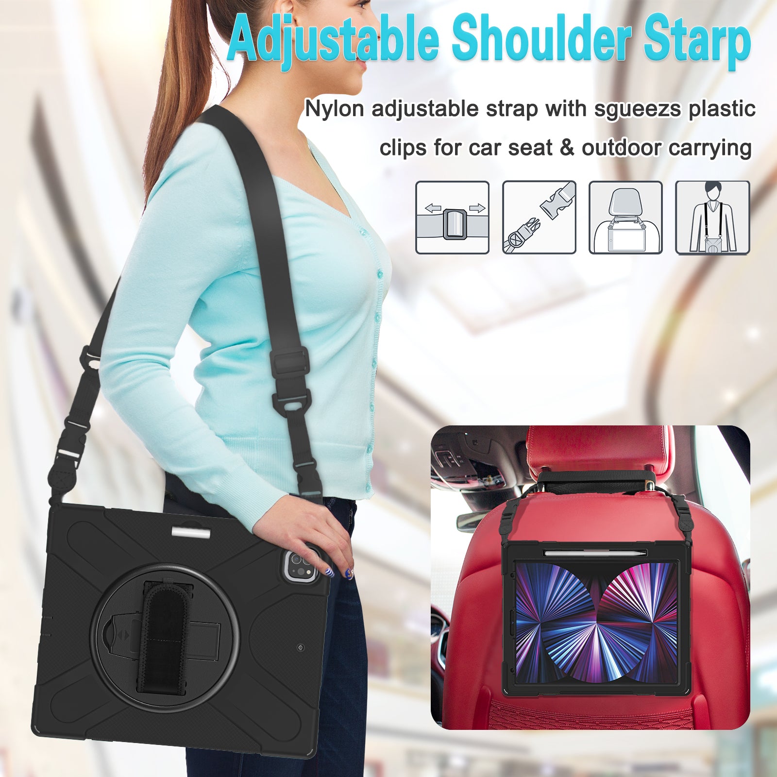 Rugged Case with Hand & Shoulder Strap iPad Pro 12.9 6th & 5th Gen 2021 - Black